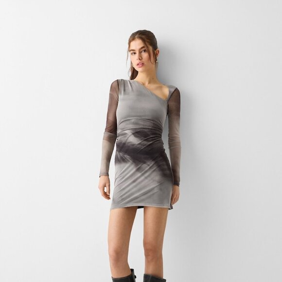 Long Sleeve Asymmetrical Tulle Mini Dress With Print - Picture 1 of 8
